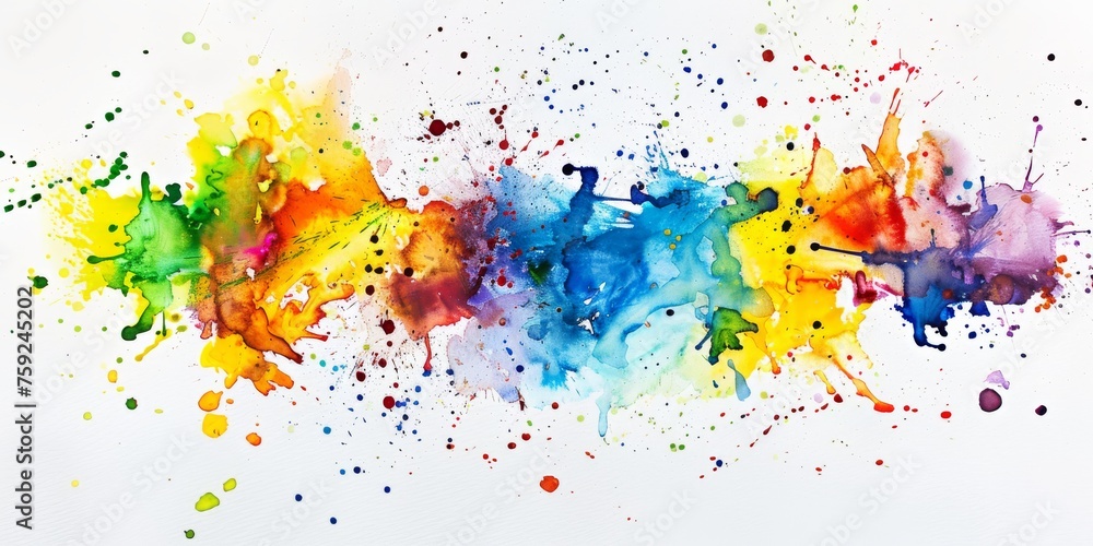 Explosive rainbow watercolor splatter on white, symbolizing joy and the unleashing of creativity.