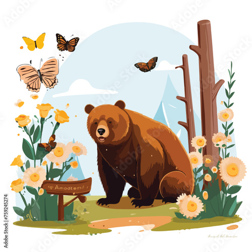 Illustration of a bear and bees near a signage flat