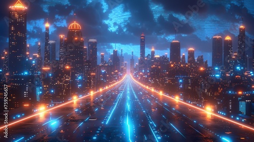 A smart night city with blue neon lighting, a 3D rendering of a city in the future. © DZMITRY