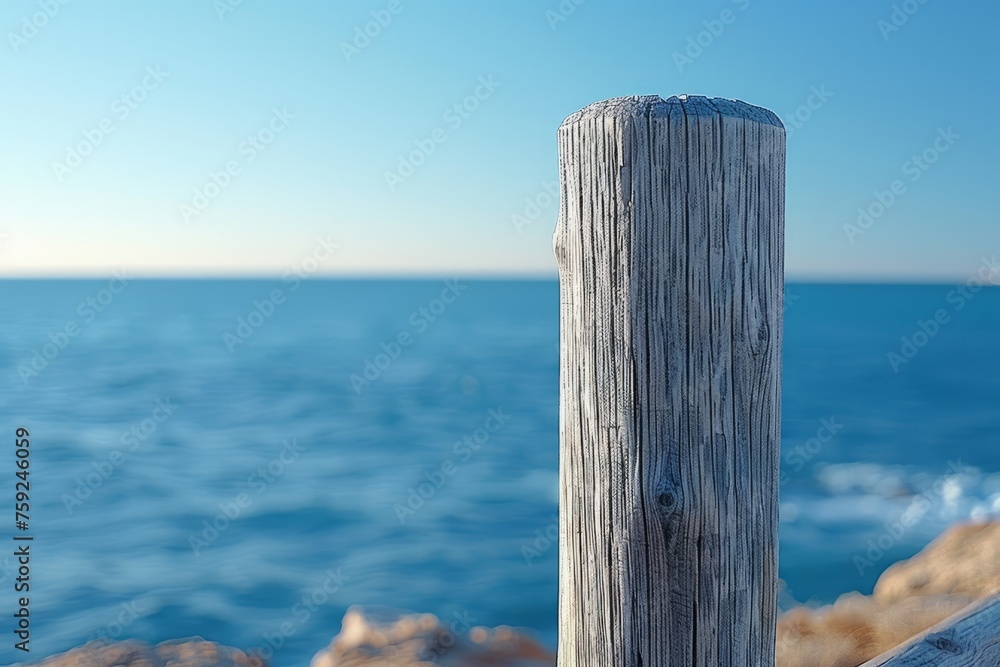 A wooden pier with a blue and white color scheme. The pier is located in the ocean and is surrounded by water. The image has a calm and peaceful mood, as it captures the beauty of the pier A wooden pier with a blue and white color scheme. The pier is located in the ocean and is surrounded by water. The image has a calm and peaceful mood, as it captures the beauty of the pier