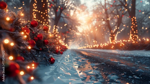 A beautiful postcard background with Christmas decorations  a winter holiday landscape of the city in snow with garlands and lights. 3D rendering. Raster illustration. Christmas holiday background.