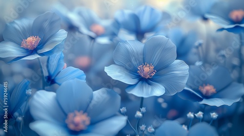3D artwork background of beautiful blue flower arrangement. Botanical garden, fine art, painting.