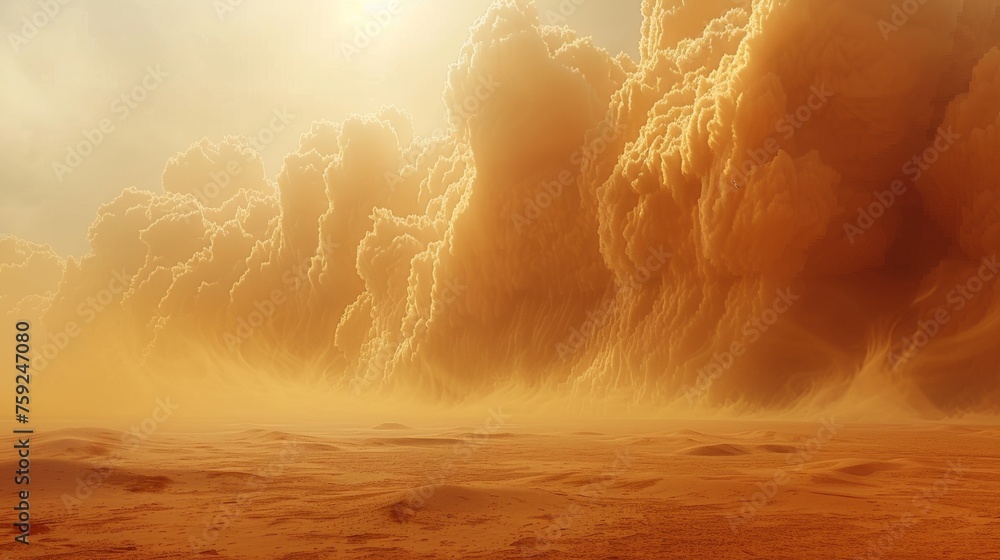 3D rendering of fantasy desert landscape with sand storm and sand clouds. Raster illustration. - obrazy, fototapety, plakaty 