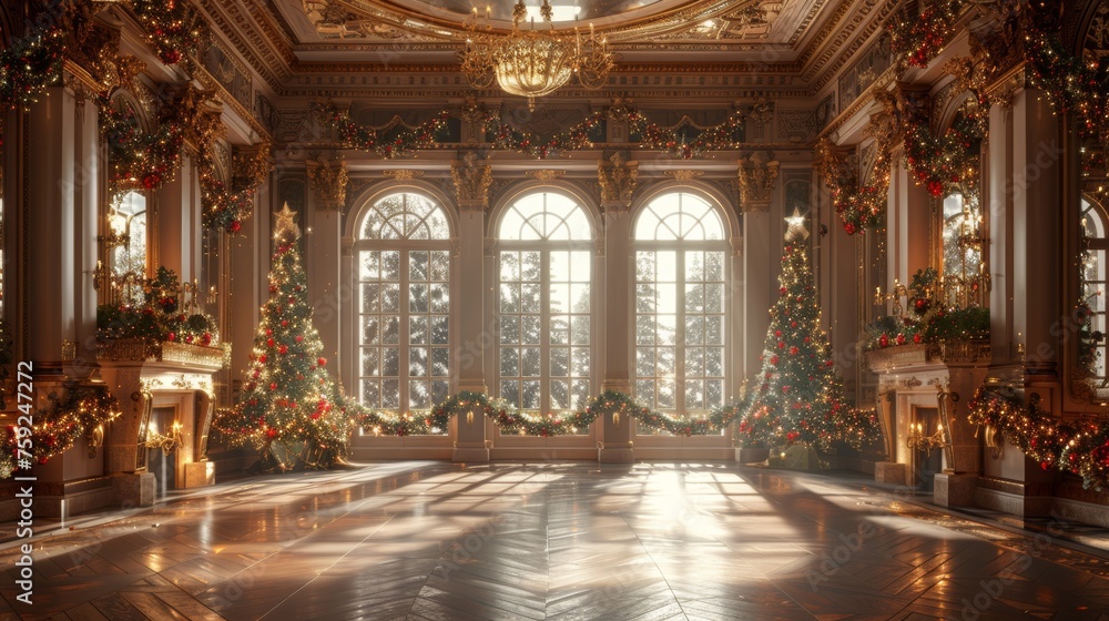 Festive Christmas interior with garlands and a Christmas tree, Holiday lights at night. 3D render. Raster illustration...