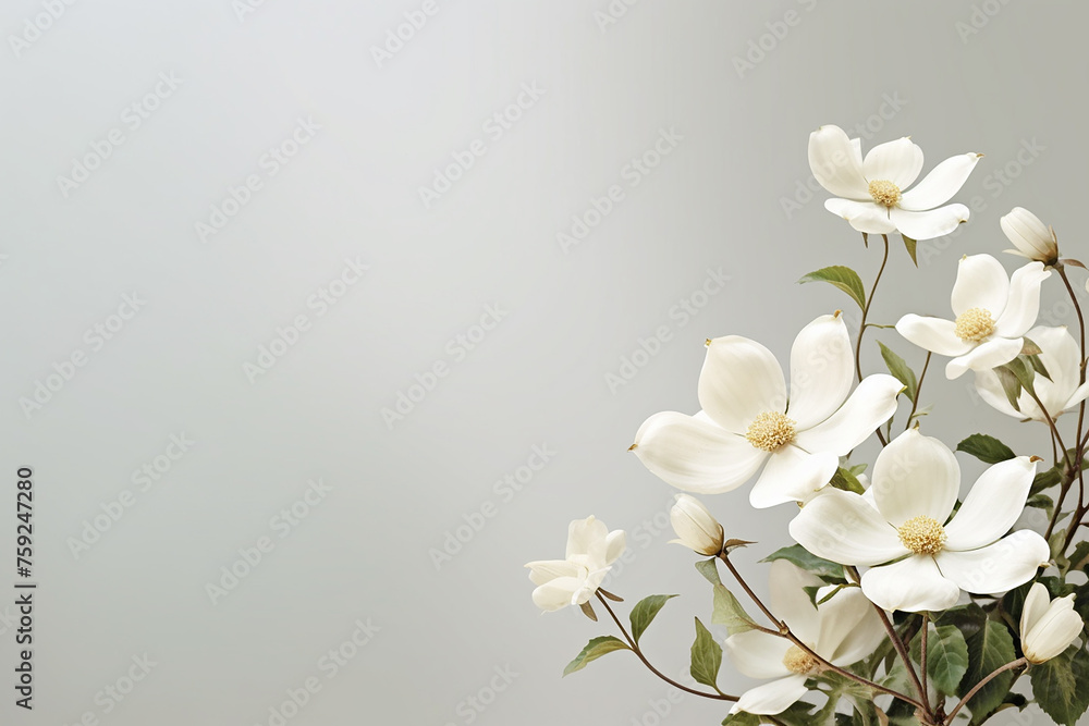 Elegant white flowers with prominent stamens against a soft grey backdrop. Elegant white flowers with prominent stamens against a soft grey backdrop.