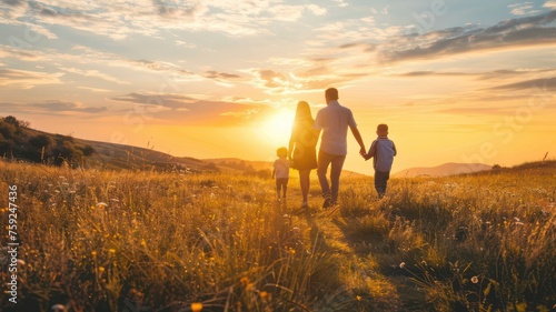 A family walking together in a field at sunset created with Generative AI © mg photo
