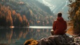 Contemplative Man Overlooking Autumn Landscape, Lake and Mountains, Reflection and Tranquility