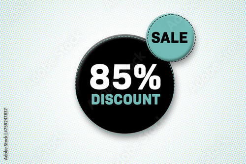 85 percent discount tag. Advertising for sales, promo, discount, shop. Sticker, button, icon photo