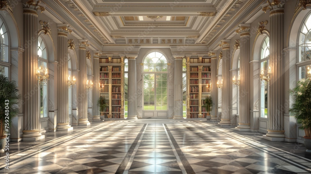 3D render. Raster illustration. Beautiful front hall with columns, vaulted ceiling, and elegant vintage decor. 3D render.