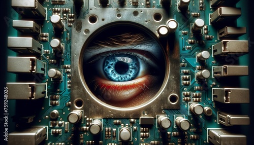 Ein menschliches Auge schaut durch eine Öffnung in einer Computerplatine.
