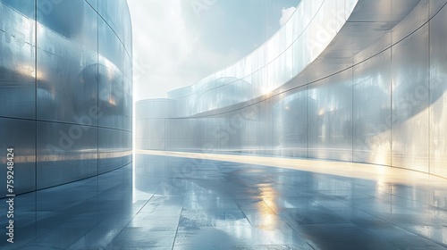 A rendering of an abstract futuristic glass architecture with an empty concrete floor. photo