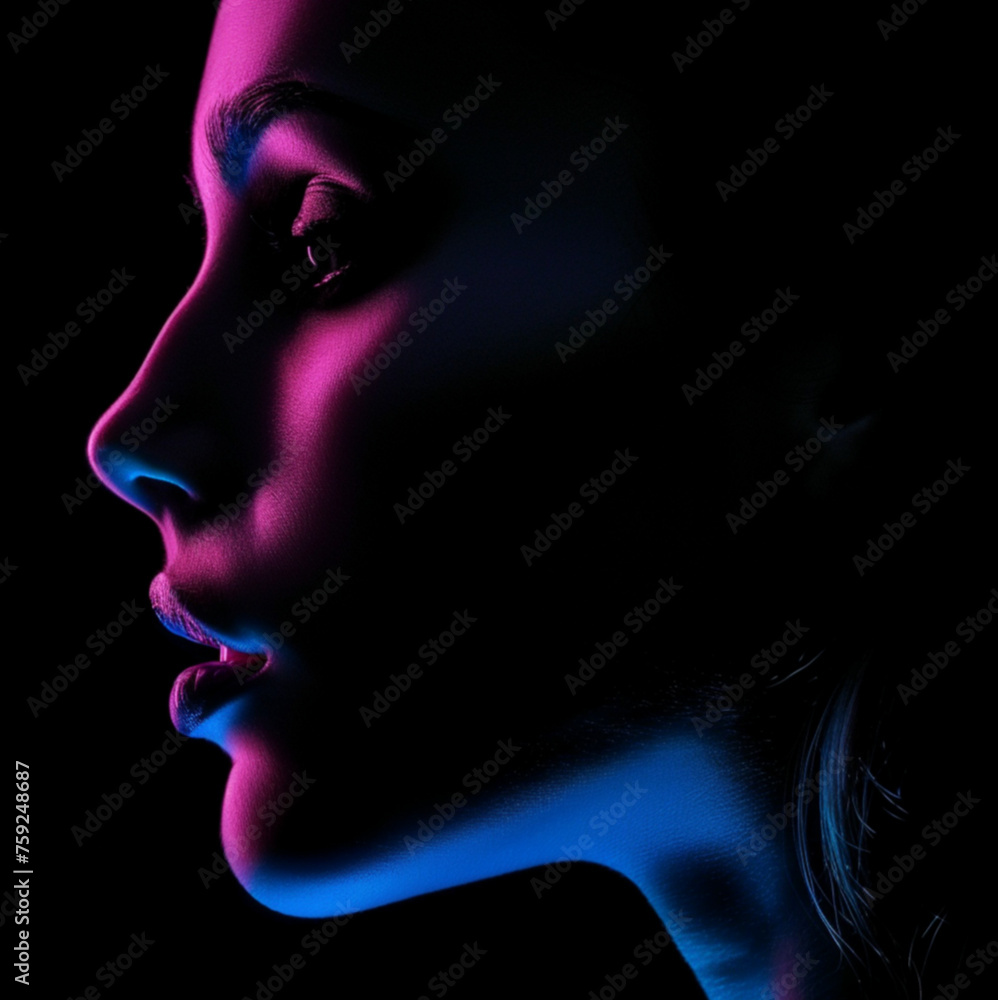 beautiful caucasian woman face, three quarter profile portrait, black background, face is highlighted with pink light from left side and blue light from right side, smooth skin