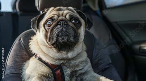 Pug dog with harness sitting in car. Close-up pet portrait with car interior background. Pet travel safety concept.