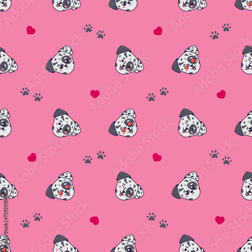 Vector seamless pattern with cute dalmatian dogs, hearts love and footprints on pink background