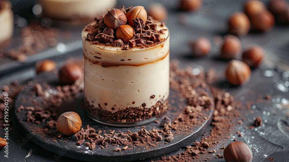 hazelnut dessert on a platter for one with hazelnuts on table hazelnut dessert on a platter for one with hazelnuts on table