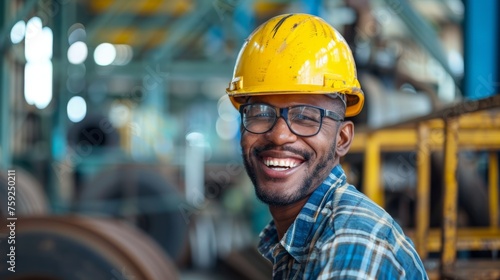 Smiling worker in hardhat and high-visibility jacket at an industrial site. Occupational safety and labor concept for workforce advertisement.