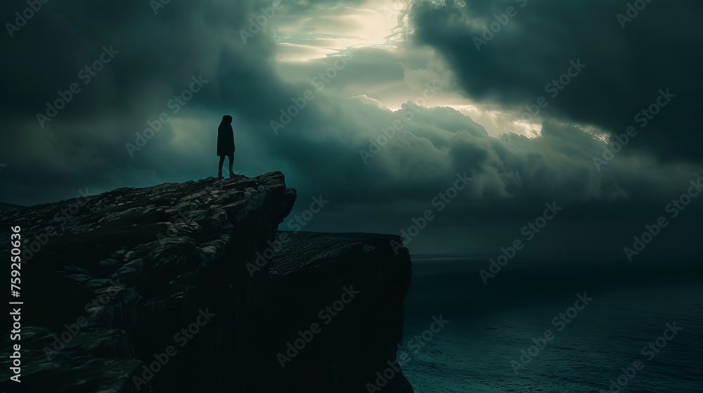 A depressed person standing edge of the cliff - obrazy, fototapety, plakaty 