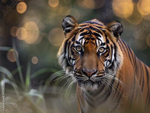 tiger in habitat  front view with bokeh background