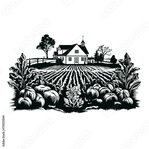 Silhouette ländliche Gemüsefarm mit Bauernhof und Feldern schwarz-weiß vektor