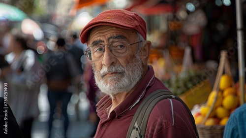 Elderly man with glasses and a red cap at the market. Urban life and senior citizens concept. Candid street portrait with busy market background for design and print