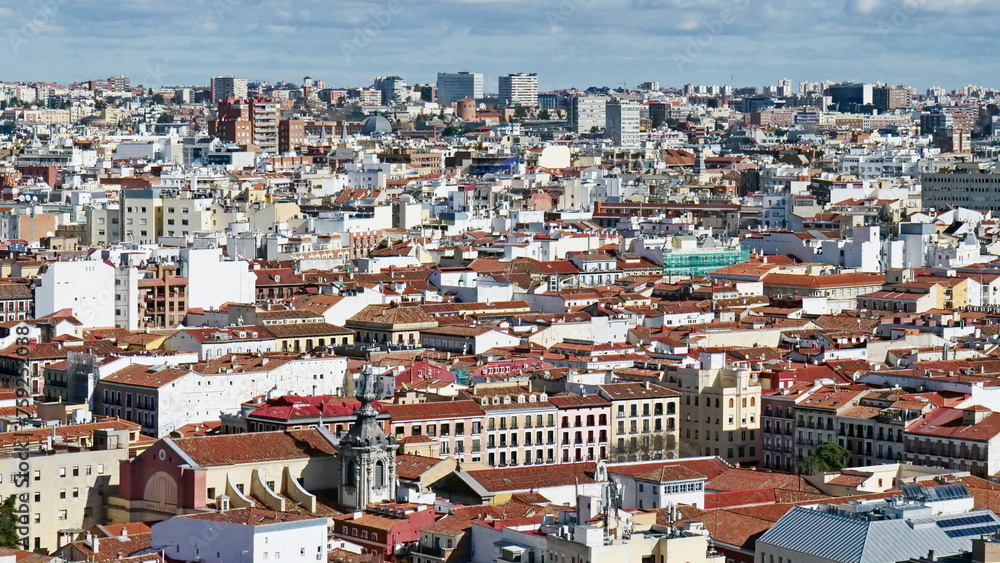 aerial view of Madrid skyline houses roofs rooftops buildings cityscape