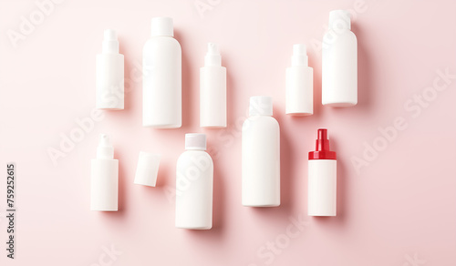 a collection of skincare and cosmetic bottles showcased against a pink background, illustrating the beauty concept.