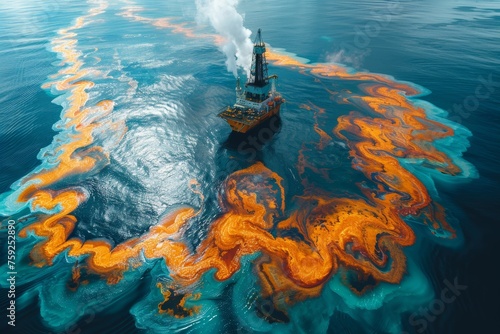 Large oil spill near offshore oil platform: urgent environmental concern. photo