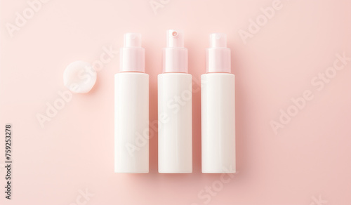 a collection of skincare and cosmetic bottles showcased against a pink background, illustrating the beauty concept.