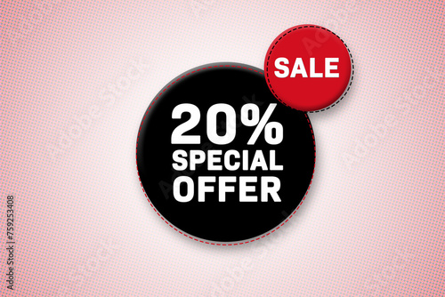 20 percent special offer tag. Advertising for sales, promo, discount, shop. Sticker, button, icon photo