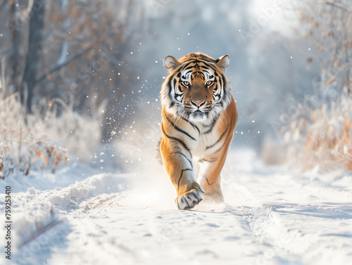 Tiger in wild winter nature. Amur tiger running in the snow. Action wildlife scene with danger animal. Cold winter in tajga  Russia -1.jpg  Tiger in wild winter nature. Amur tiger running in the snow.