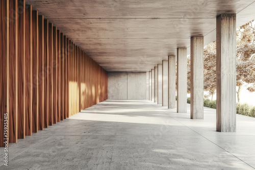 Perspective view of empty concrete floor with cement structure and wooden wall building exterior. 