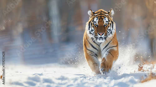 Tiger in wild winter nature. Amur tiger running in the snow. Action wildlife scene with danger animal. Cold winter in tajga, Russia -1.jpg, Tiger in wild winter nature. Amur tiger running in the snow. photo