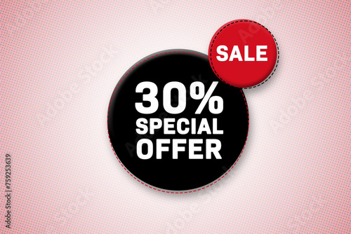 30 percent special offer tag. Advertising for sales, promo, discount, shop. Sticker, button, icon photo