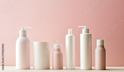 a collection of skincare and cosmetic bottles showcased against a pink background, illustrating the beauty concept.
