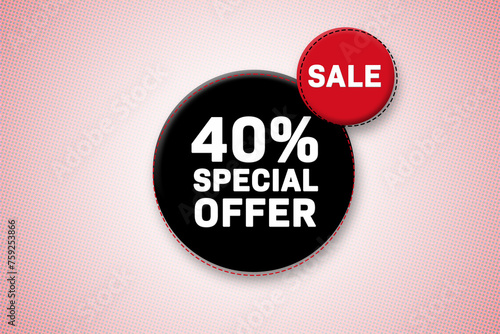 40 percent special offer tag. Advertising for sales, promo, discount, shop. Sticker, button, icon photo