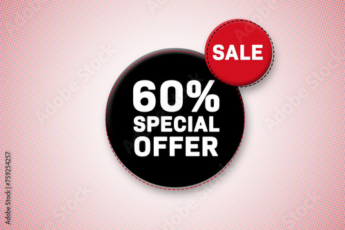 60 percent special offer tag. Advertising for sales, promo, discount, shop. Sticker, button, icon photo