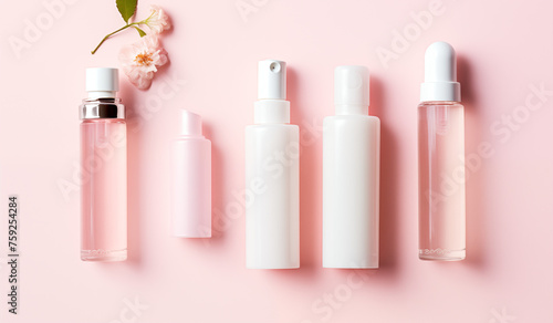 a collection of skincare and cosmetic bottles showcased against a pink background, illustrating the beauty concept.