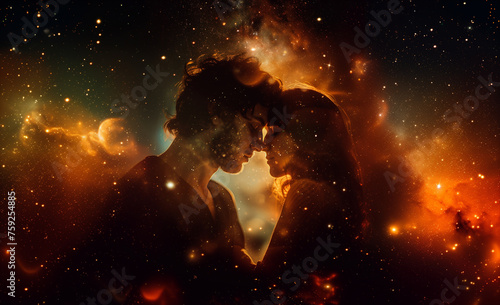 A close-up portrait of a couple gazing into each other's eyes under a starry night sky