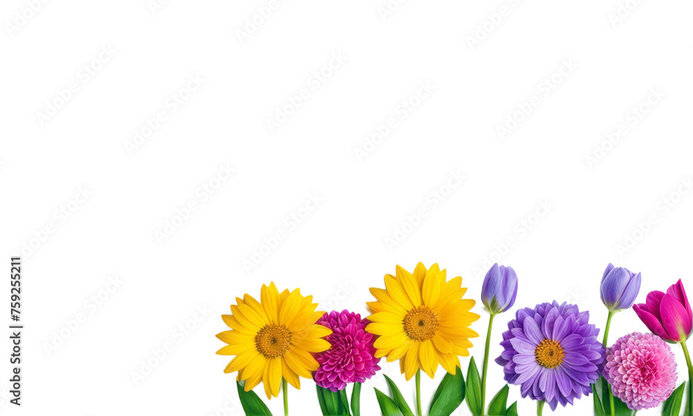 Naklejka premium spring flowers border arranged in row isolated on white or transparent png