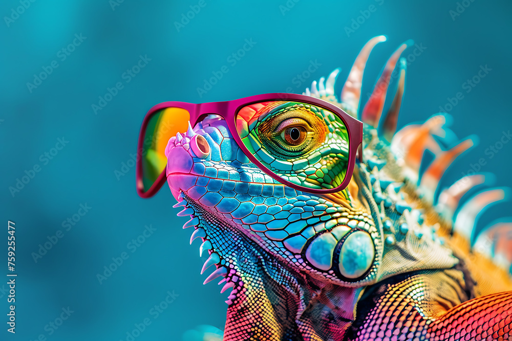 Obraz premium Colorful Lizard Wearing Glasses Close Up