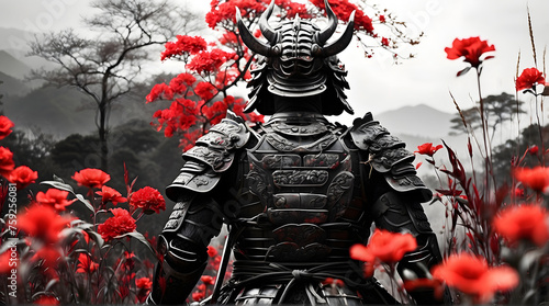Samurai Warrior in a field, dark colors and red roses. Dragon Samurai Armor. Beautiful Japanese background.