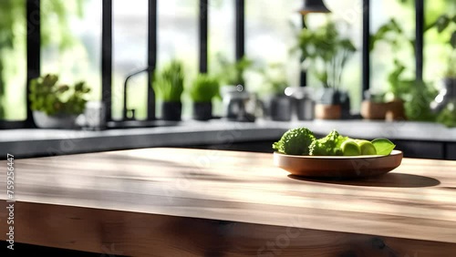 Kitchen background to present products in loop, kitchen background, increase and decrease of lights from a window, wooden table, pots with plants,  modern kitchen design, 4k