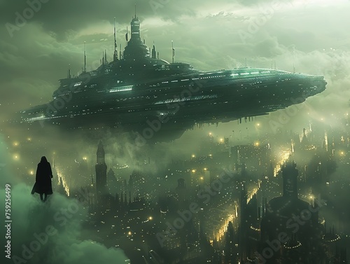 70s dark fantasy art style, massive flying saucer space station with glowing lights hovering over the city