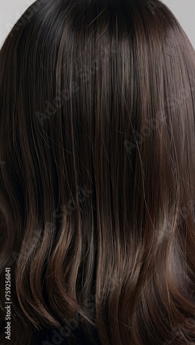 A very close-up photo of a dark brunette's hair. The hair appears to have a soft, straight texture, with a subtle, reflective shine. The focus is entirely on the hair