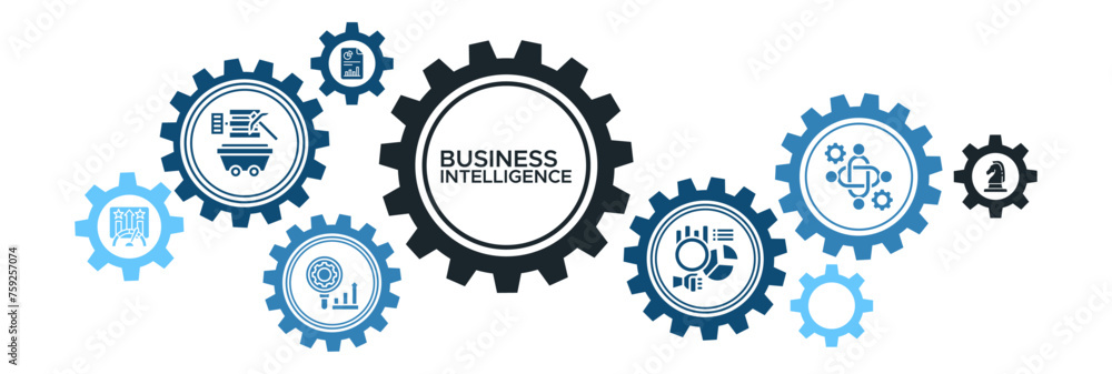 Business intelligence banner web icon set vector illustration concept with icon of data mining, analysis, benchmarking, management, reporting, measure, and strategy