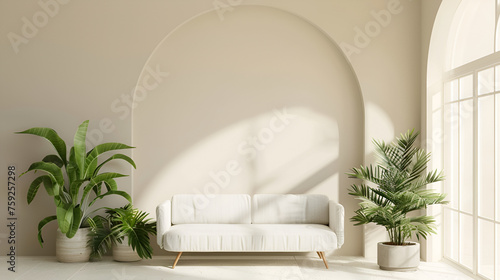 Minimalist home interior design of modern living room. White sofa and potted houseplants against arched window near beige wall with copy space © l1gend