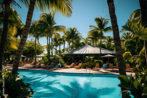 Picturesque Relaxation at DQ Outdoor Pool Under Summer Sun: Tropical Foliage, Cozy Cabanas and Refreshing Azure Pool © Marie