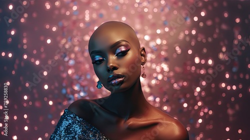 Bald african american woman in neon glowing background. portrait of glamour female with pink makeup, beautiful young futuristic model. Modern trendy fashion party. AI generated, posing person