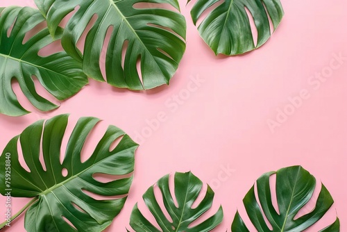 tropical leaves Monstera on pink background. Flat lay  top view. generative ai.