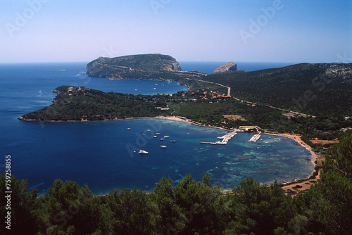 The Capo Caccia promontory closes the bay of Porto Conte. Alghero, Sardinia, Italy. Capo Caccia marine park